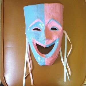 Vintage Pink & Blue Drama Mask w/ Ribbons.  Paper Mache?